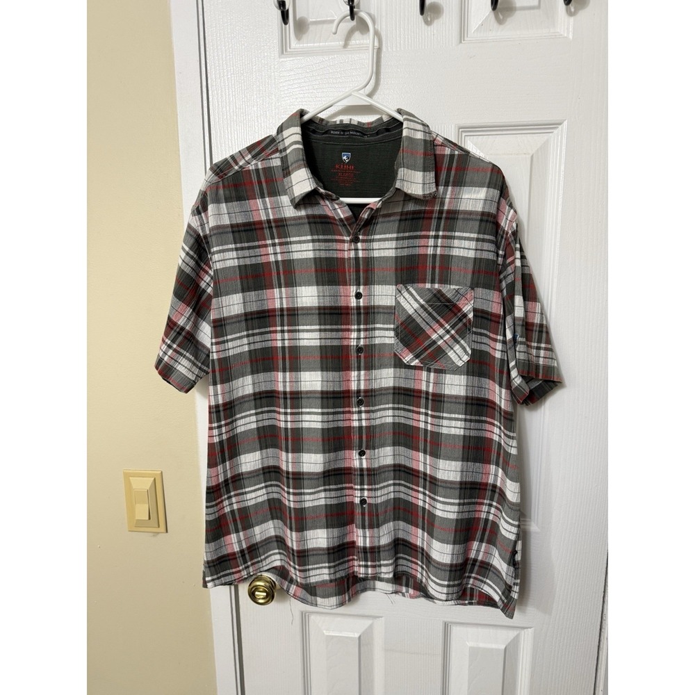Kuhl Shirt Men XL  Gray Brown Plaid Button Up Short Sleeve Hiking‎ Performance